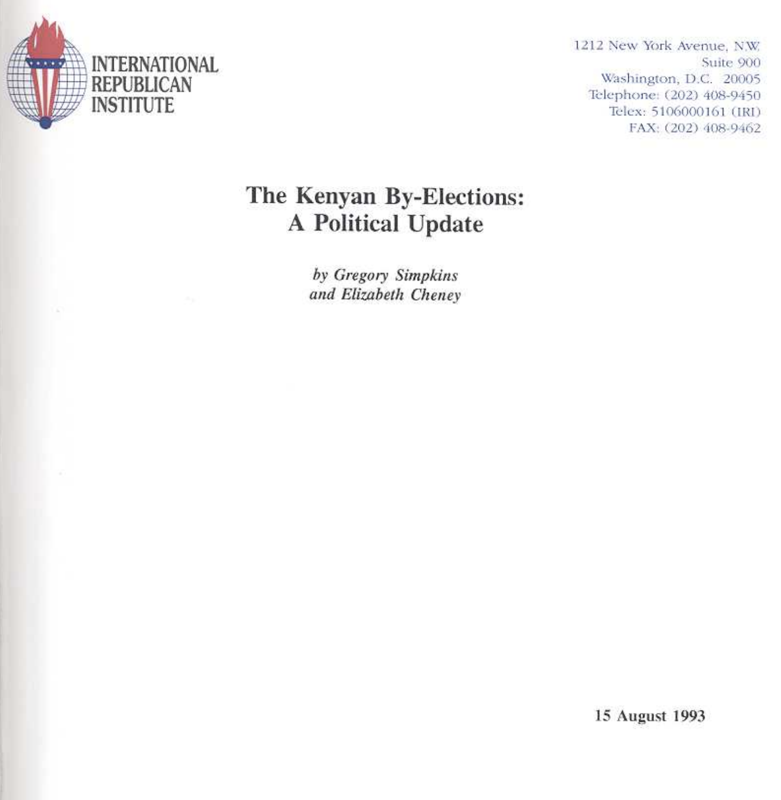 The Kenyan By-Elections: A Political Update by Gregory Simpkins and Elizabeth Cheney (Aug 1993)