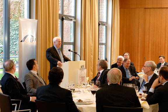 Senator McCain address European policy makers at IRI luncheon in Brussels.  
