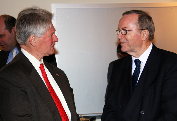 Ambassador Minikes (left) visits with President Martens at a luncheon hosted at IRI.
