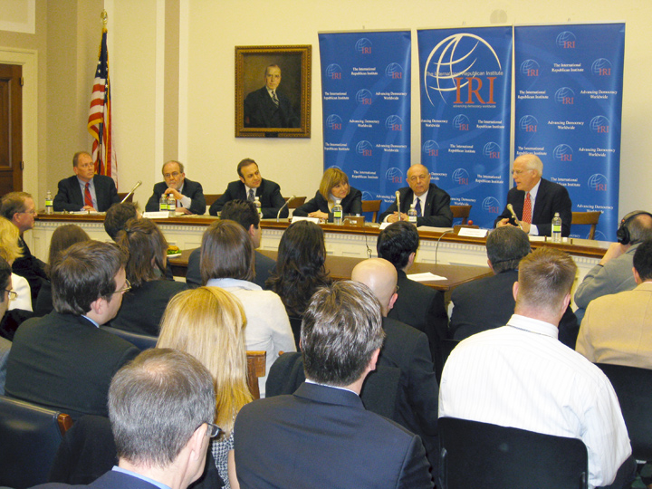 Members of the panel listen as Congressman Shays (far right) discusses U.S.-Turkish relations.