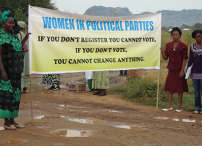 Women urge citizens to register to vote in Sudan.