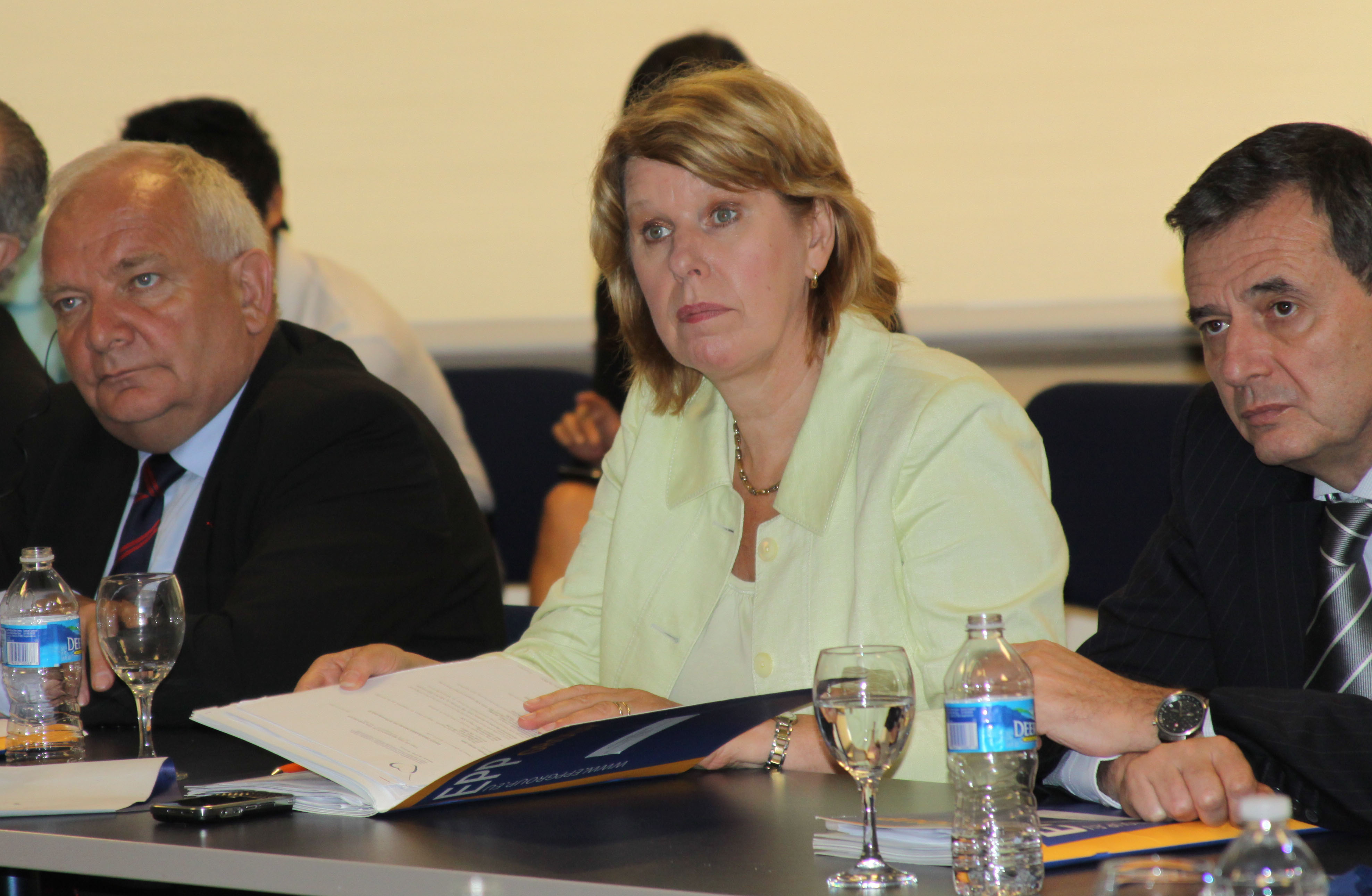 From left, EPP Chairman Joseph Daul, Vice Chairwoman Corien Wortmann-Kool, and Vice Chairman Marian-Jean Marinescu attend a briefing at IRI's Washington headquarters.