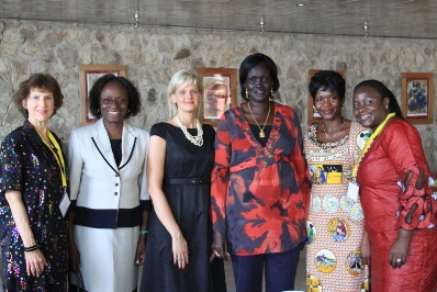 Rebecca Okwachi (center) poses for a photo with (from left to right) Leslie Waters, Florence Akinwale, WDN Director Michelle Bekkering, Christine Bako and IRI Sudan Resident Program Officer Robina Namusisi.