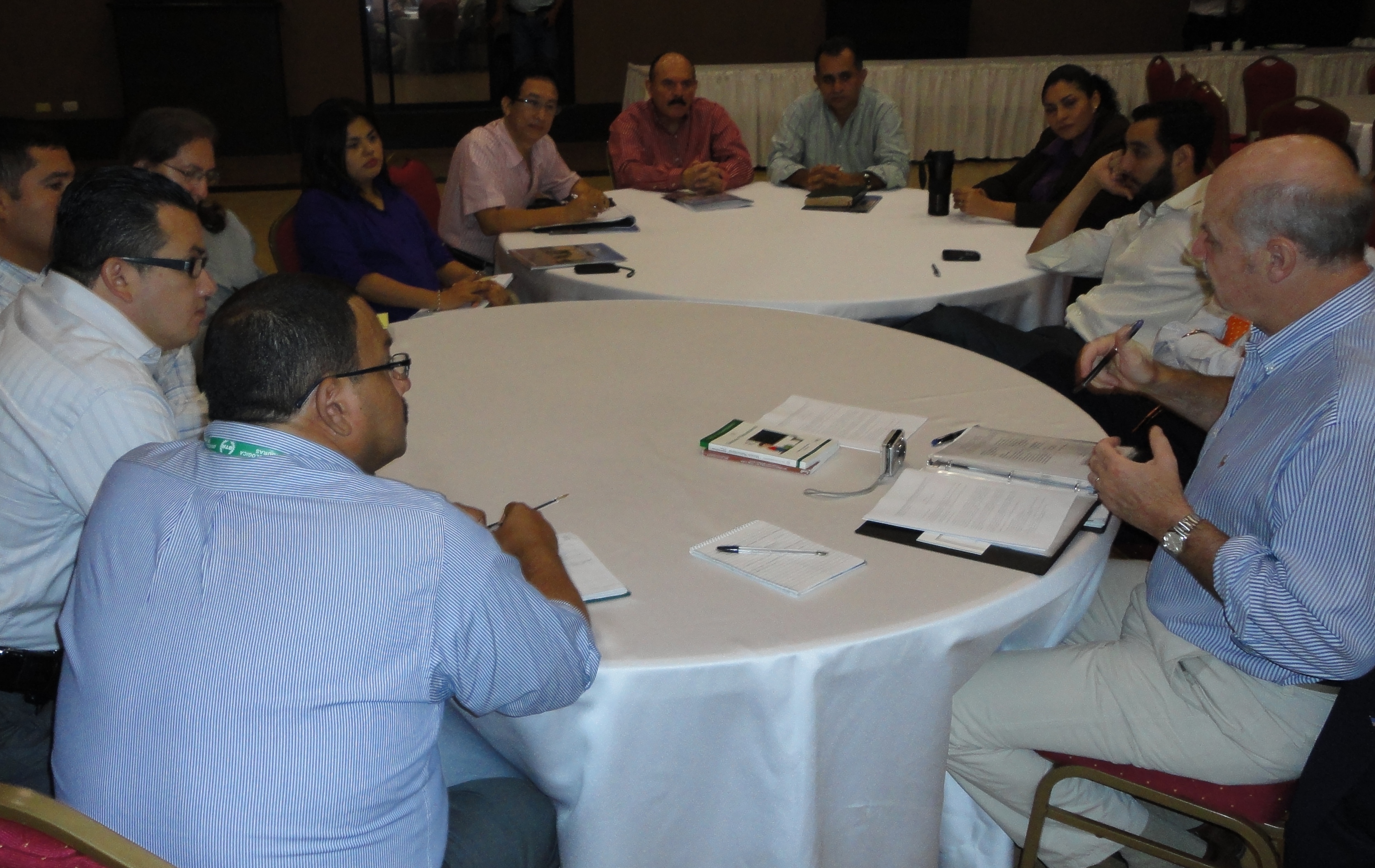 Dr. Alex Chafuen (right) conducts a roundtable session on policy research at the conference in San Pedro Sula.