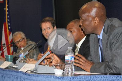 Pictured from right to left: Newman, Green, Mcharo and Odembo.  Click on the image to watch a video of the event on IRI's YouTube channel. 