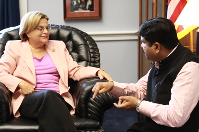 Ros-Lehtinen (left) visits with Dharmendra Pradhan, general secretary of the BJP.