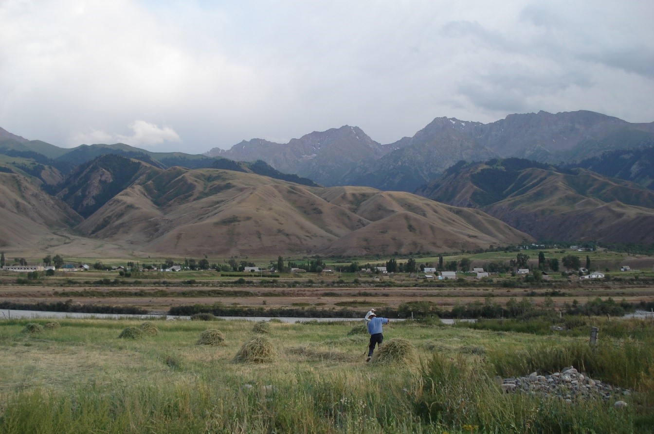 A farmer working near the bank of the Naryn river in eastern Kyrgyzstan.