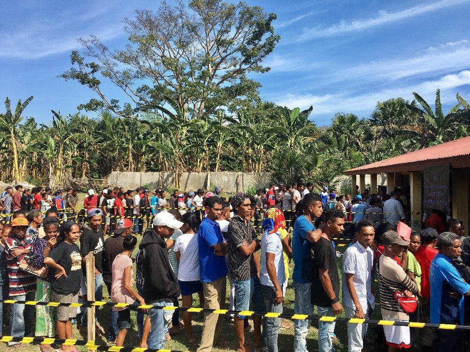 Voters patiently queue while waiting to cast their ballot in Timor-Leste’s fourth parliamentary elections. 