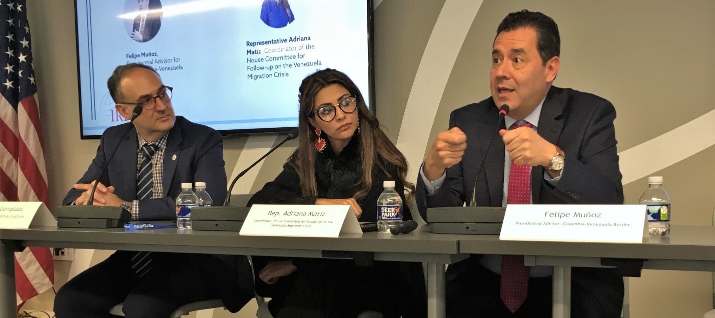 Colombia’s Presidential Border Advisor Felipe Muñoz discusses the social and political impact of Venezuelan migration as IRI LAC Director Tony Garrastazu (left) and Colombian Congressional Deputy Adriana Matiz (center) look on during a panel discussion at IRI’s Washington, D.C. headquarters, December 3.