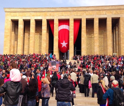 A large group in Turkey gathers outside