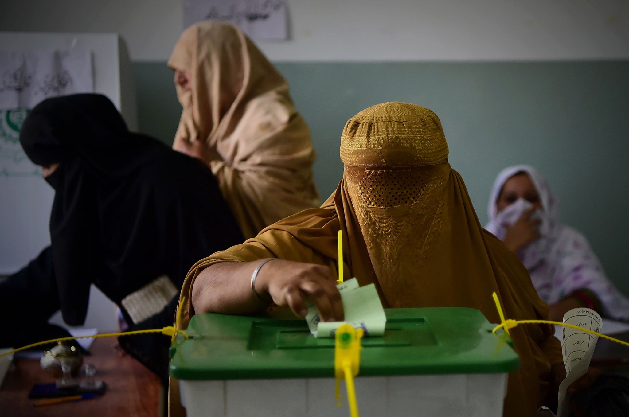 A burqa-clad woman casts her vote during Pakistan's general election