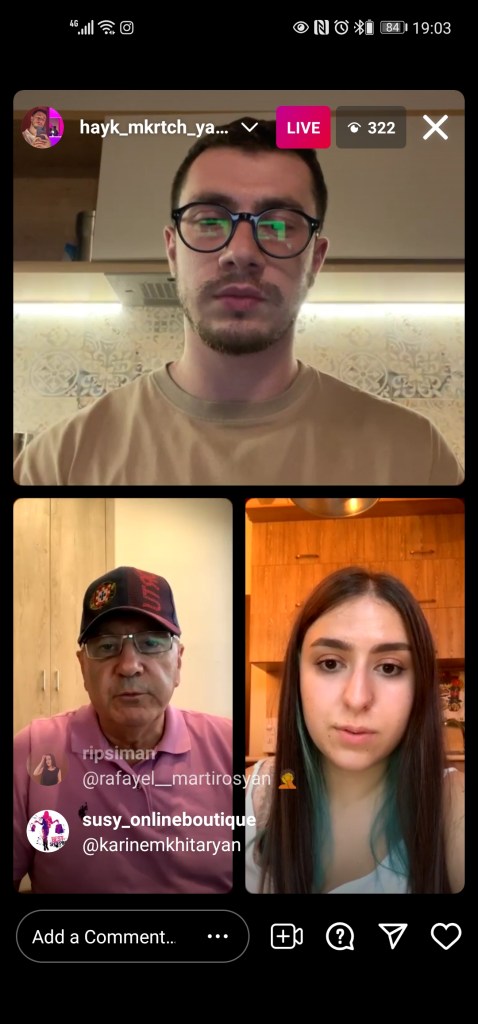 Hayk Mkrtchyan (top),
Dr. David Petrosyan,
and Yeva Gharibyan (from left
to right) during an
Instagram live stream
on Covid-19 vaccination