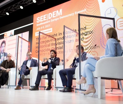 Speakers on stage from IRI's Southeastern Europe Democracy Summit