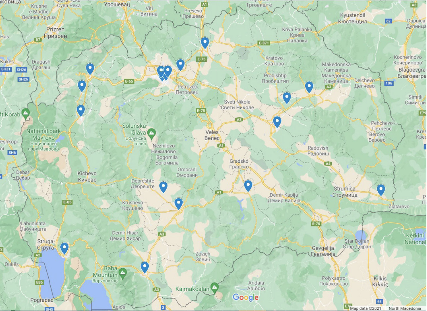 Map of North Macedonia with locations of municipalities where the focus groups were conducted.