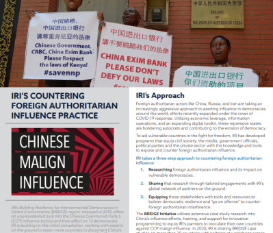 A screenshot of a CFAI one pager with information about Chinese malign influence