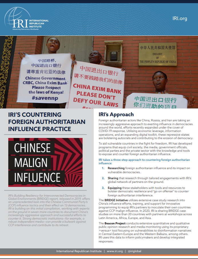 A screenshot of a CFAI one pager with information about Chinese malign influence