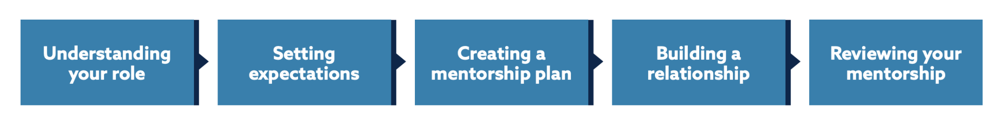 Five steps: Understanding your role; Setting expectations; Creating a mentorship plan; Building a relationship; Reviewing your mentorship
