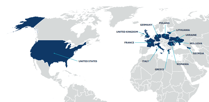 Map illustrating Transatlantic Region. Countries Highlighted: United States, United Kingdom, Germany, Poland, Lithuania, Ukraine, Moldova, Georgia, Romania, Greece, Italy, and France.