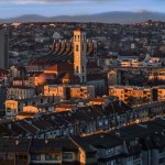 Sun setting on aerial view of Prishtina