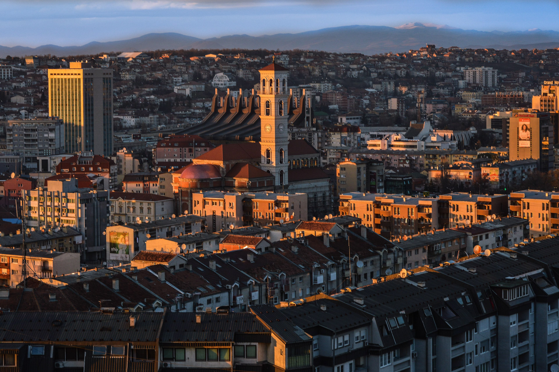 Sun setting on aerial view of Prishtina