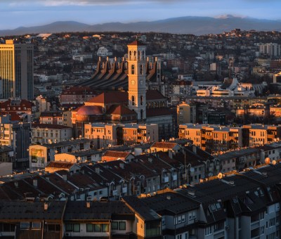 Sun setting on aerial view of Prishtina